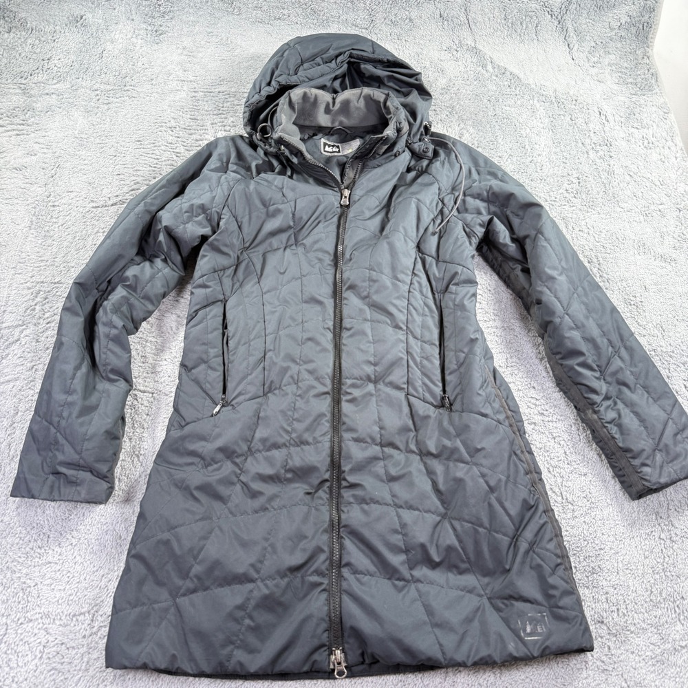 REI Insulated Parka Women Small Black Excellent Detachable Hood Quilted Jacket